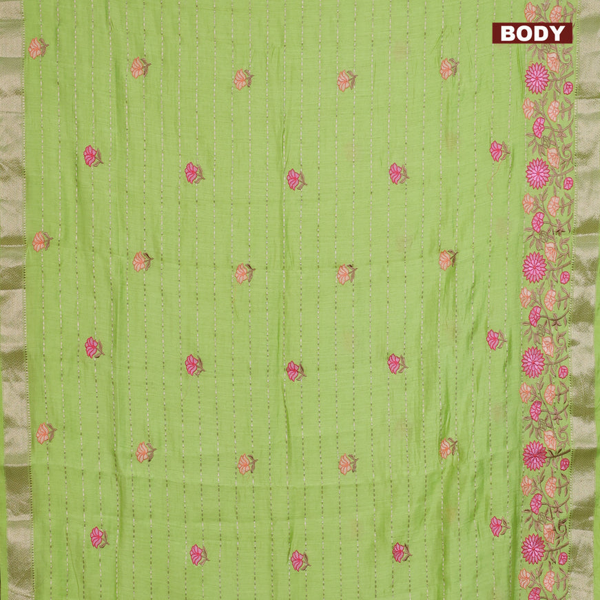 Assam silk saree light green with allover zari weaves & embroidery work buttas and floral design embroidery work zari border