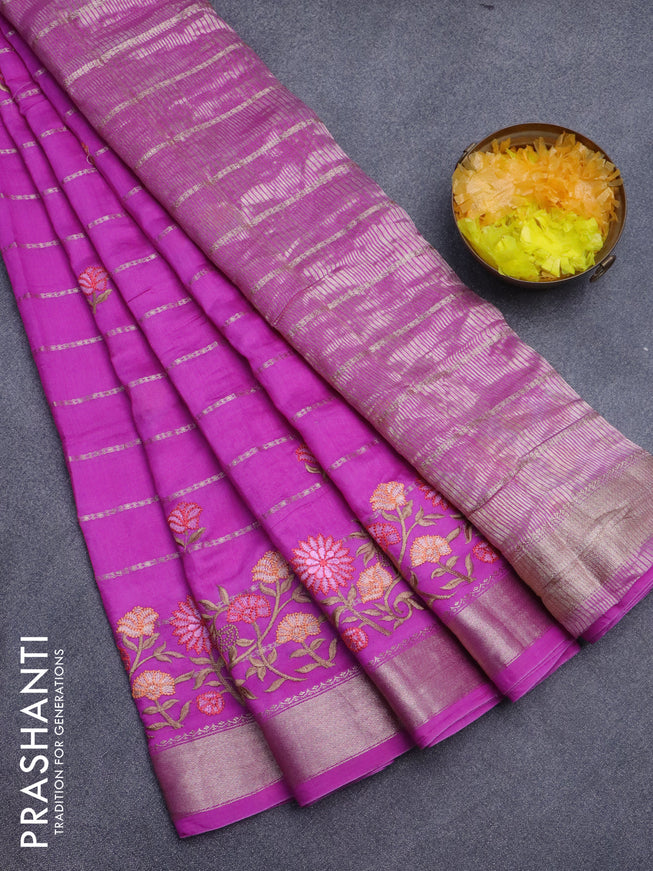 Assam silk saree pink with allover zari weaves & embroidery work buttas and floral design embroidery work zari border