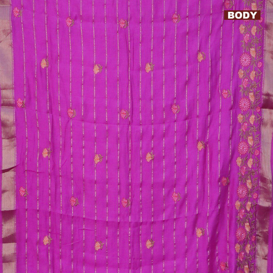 Assam silk saree pink with allover zari weaves & embroidery work buttas and floral design embroidery work zari border