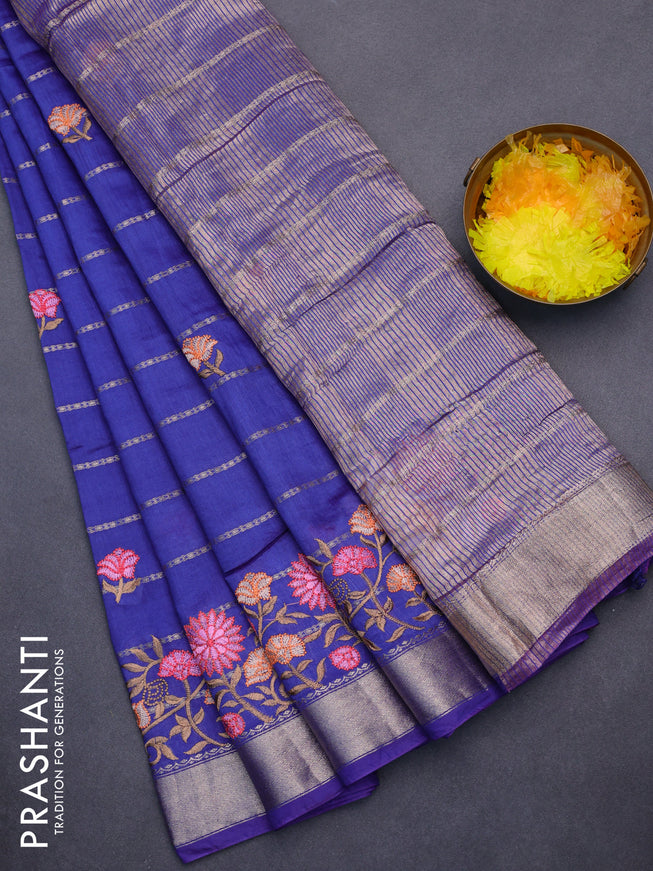 Assam silk saree blue with allover zari weaves & embroidery work buttas and floral design embroidery work zari border