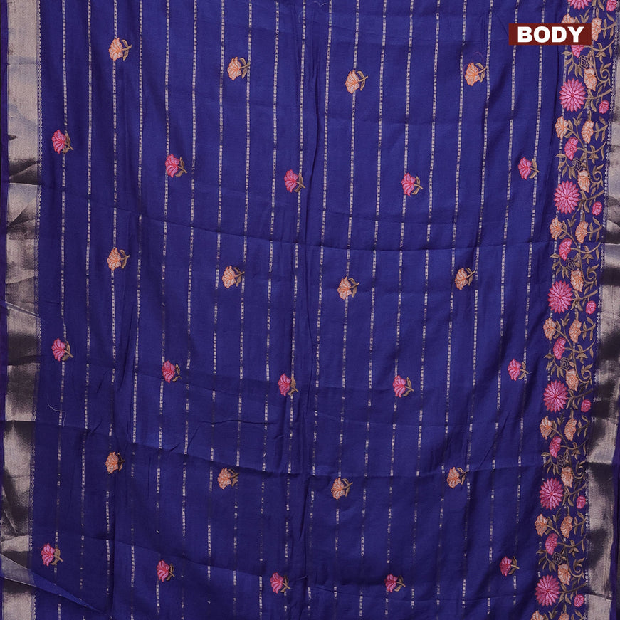 Assam silk saree blue with allover zari weaves & embroidery work buttas and floral design embroidery work zari border