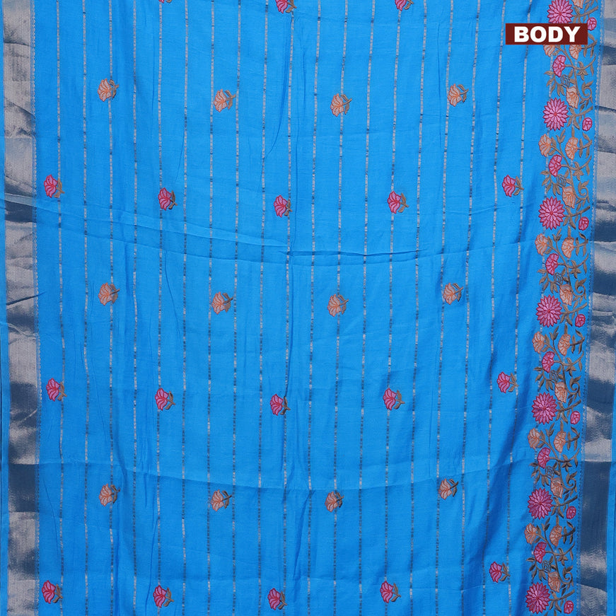 Assam silk saree cs blue with allover zari weaves & embroidery work buttas and floral design embroidery work zari border