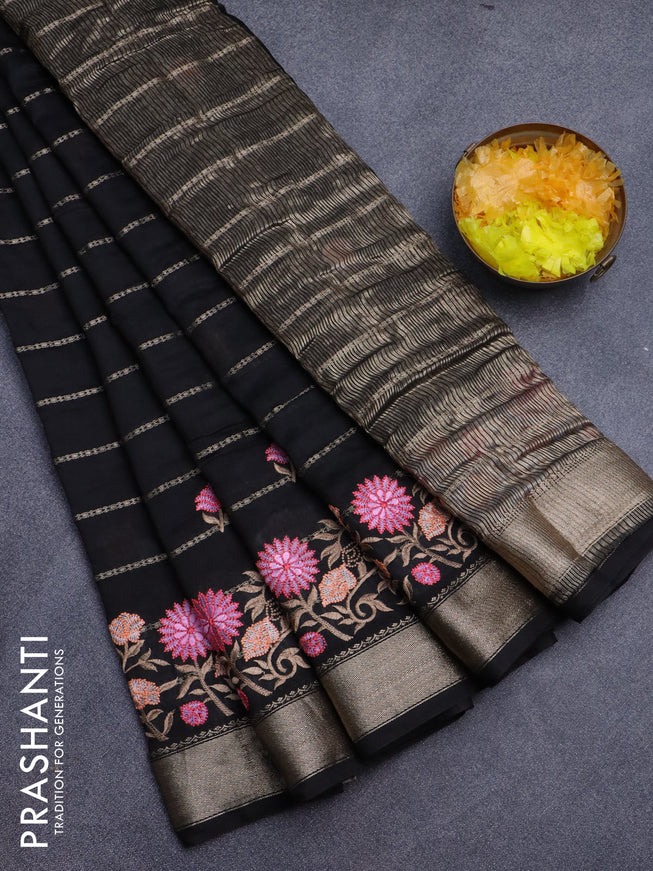 Assam silk saree black with allover zari weaves & embroidery work buttas and floral design embroidery work zari border