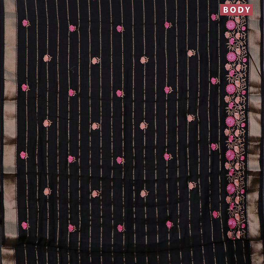 Assam silk saree black with allover zari weaves & embroidery work buttas and floral design embroidery work zari border