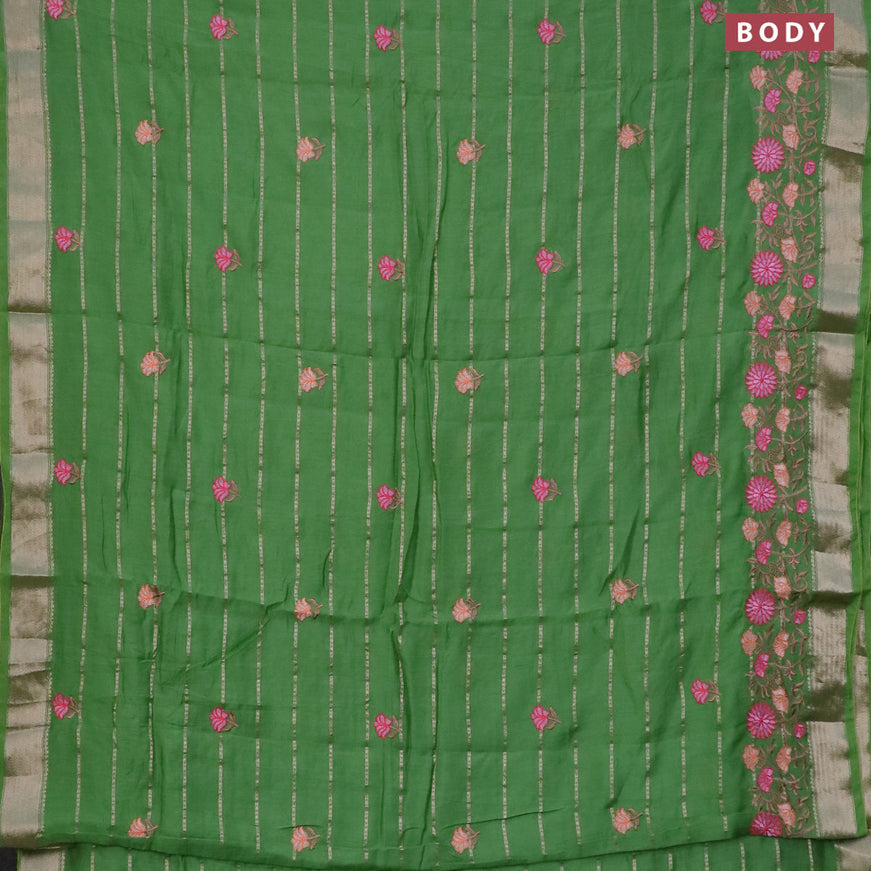 Assam silk saree green with allover zari weaves & embroidery work buttas and floral design embroidery work zari border