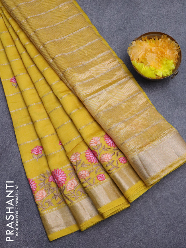 Assam silk saree yellow with allover zari weaves & embroidery work buttas and floral design embroidery work zari border