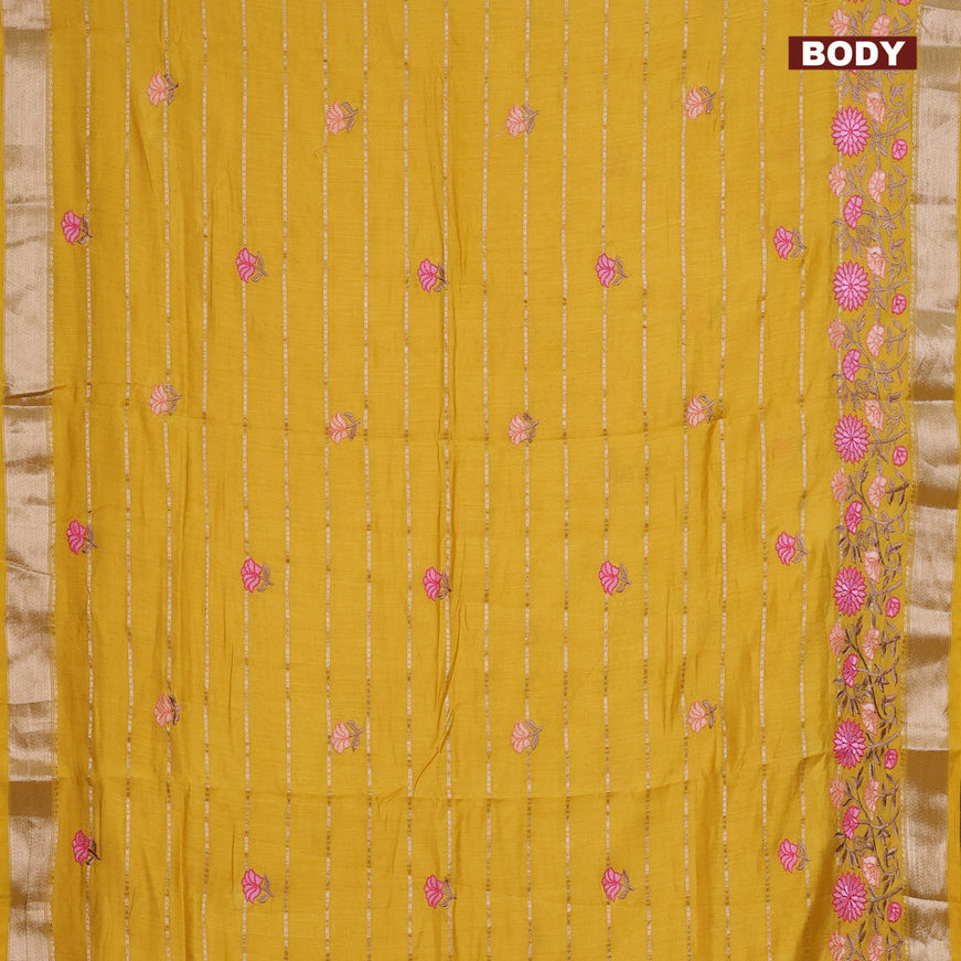 Assam silk saree yellow with allover zari weaves & embroidery work buttas and floral design embroidery work zari border