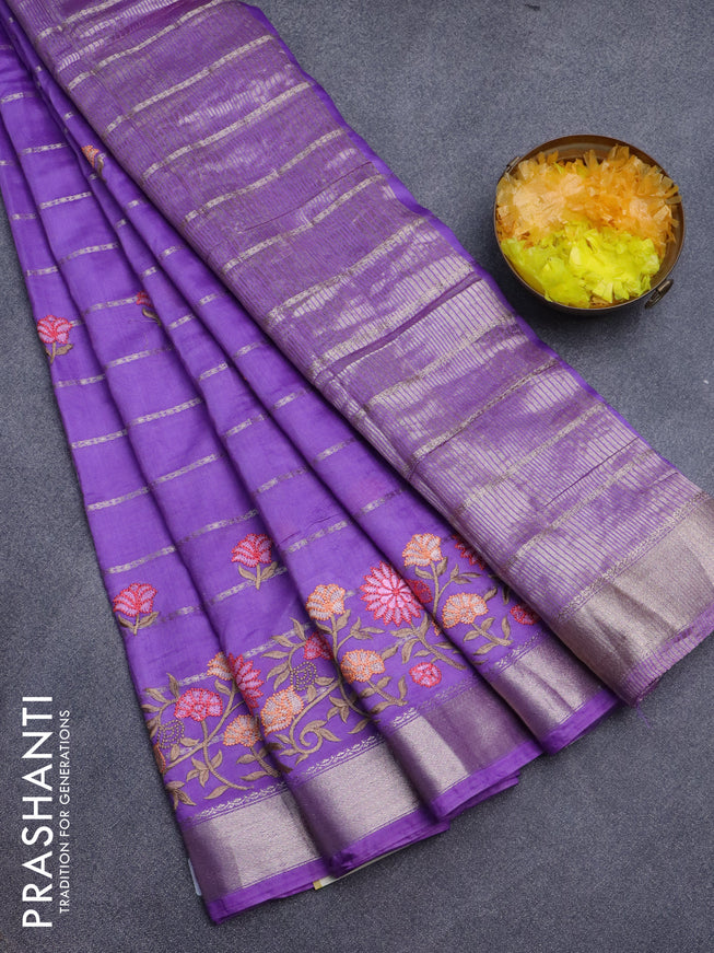 Assam silk saree lavender shade with allover zari weaves & embroidery work buttas and floral design embroidery work zari border