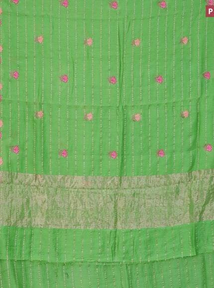 Assam silk saree parrot green with allover zari weaves & embroidery work buttas and floral design embroidery work zari border