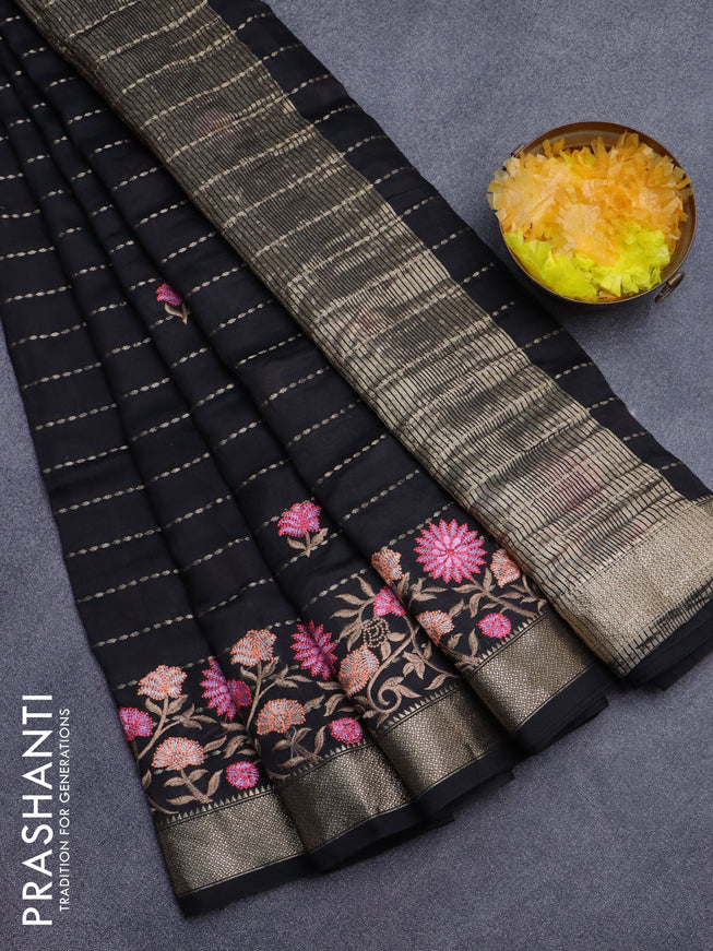 Assam silk saree black with allover zari weaves & embroidery work buttas and floral design embroidery work zari border