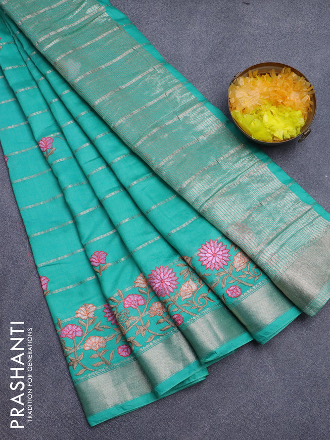 Assam silk saree teal green with allover zari weaves & embroidery work buttas and floral design embroidery work zari border