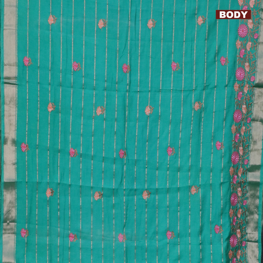 Assam silk saree teal green with allover zari weaves & embroidery work buttas and floral design embroidery work zari border