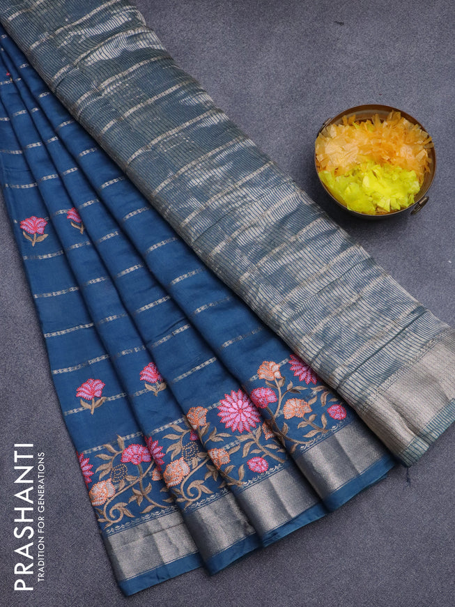 Assam silk saree peacock blue with allover zari weaves & embroidery work buttas and floral design embroidery work zari border