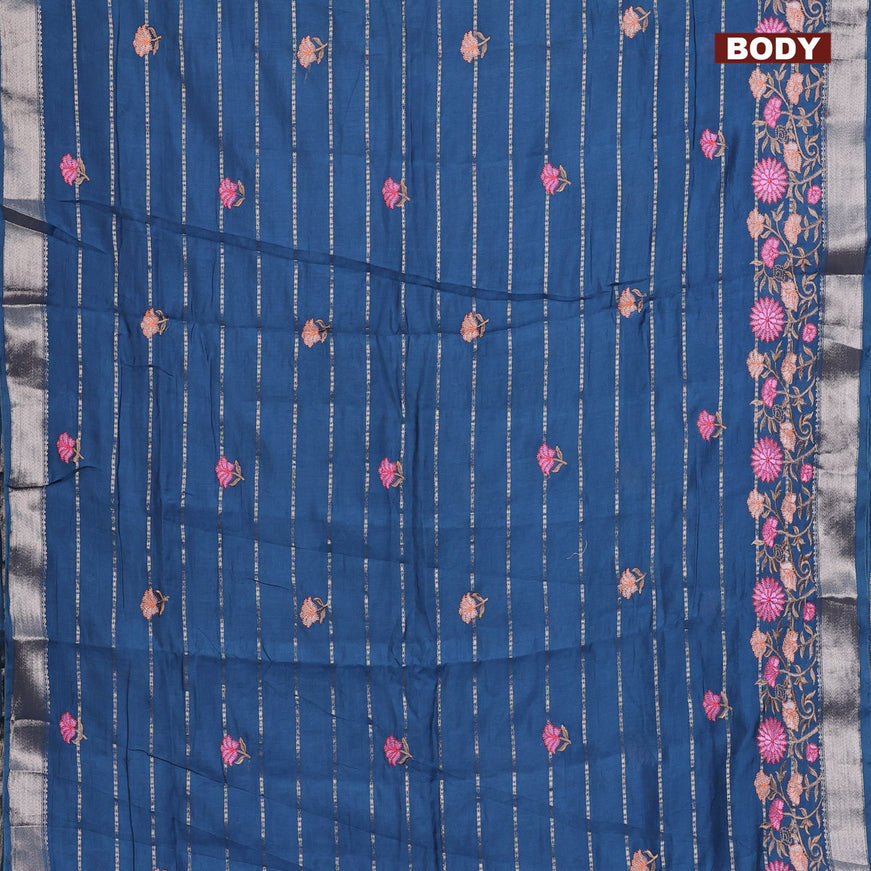 Assam silk saree peacock blue with allover zari weaves & embroidery work buttas and floral design embroidery work zari border