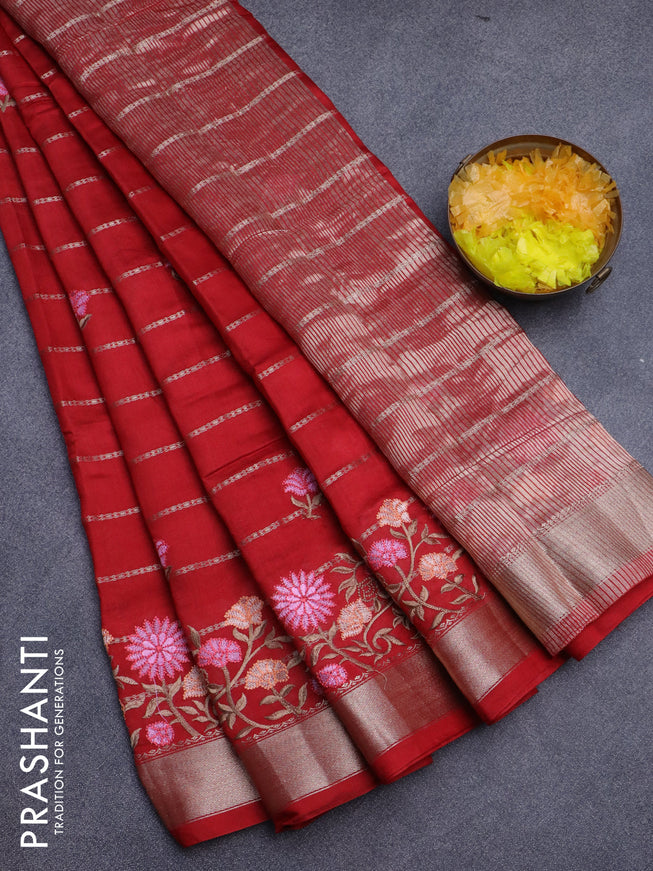 Assam silk saree red with allover zari weaves & embroidery work buttas and floral design embroidery work zari border