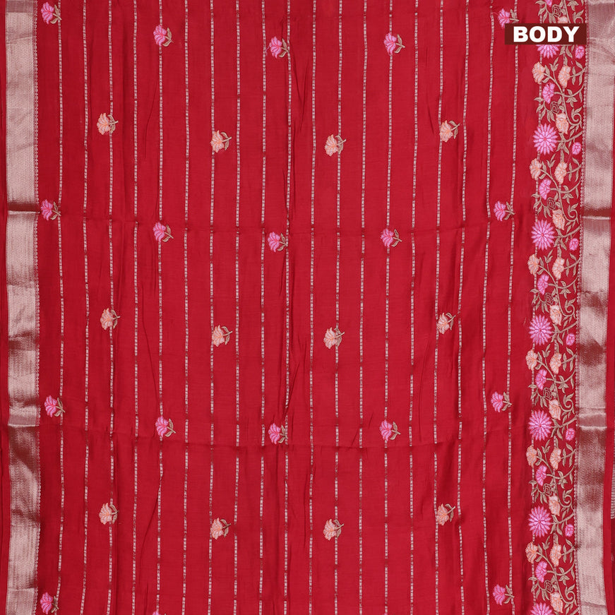 Assam silk saree red with allover zari weaves & embroidery work buttas and floral design embroidery work zari border