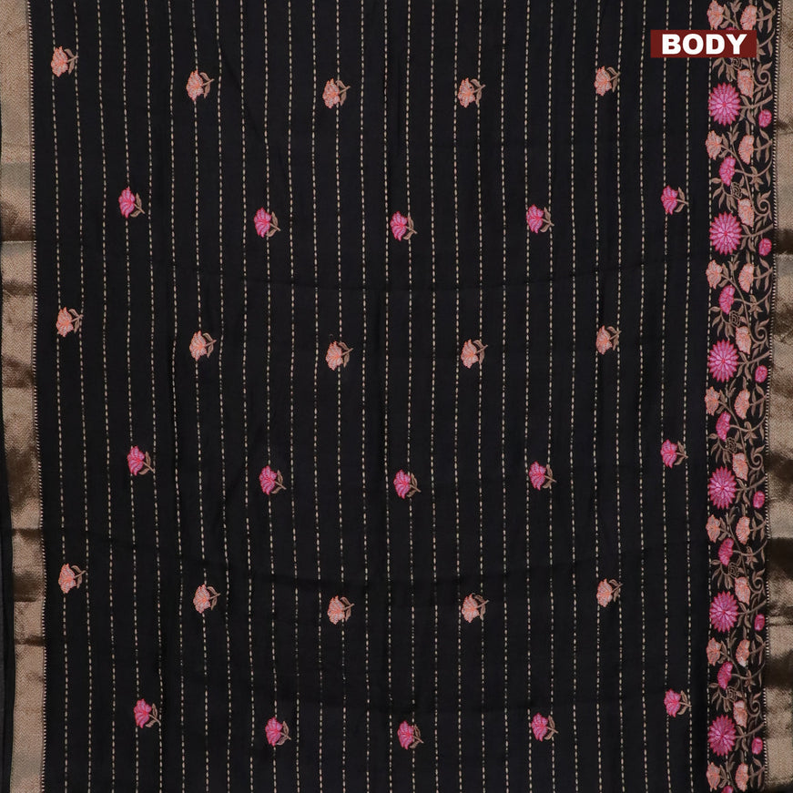 Assam silk saree black with allover zari weaves & embroidery work buttas and floral design embroidery work zari border