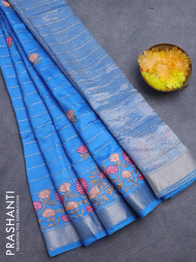 Assam silk saree blue with allover zari weaves & embroidery work buttas and floral design embroidery work zari border