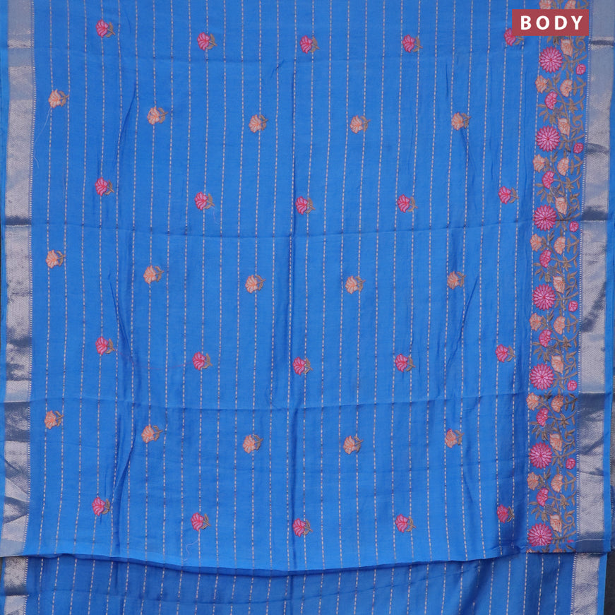 Assam silk saree blue with allover zari weaves & embroidery work buttas and floral design embroidery work zari border