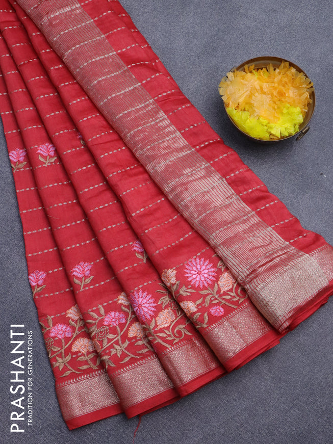 Assam silk saree kumkum red with allover zari weaves & embroidery work buttas and floral design embroidery work zari border