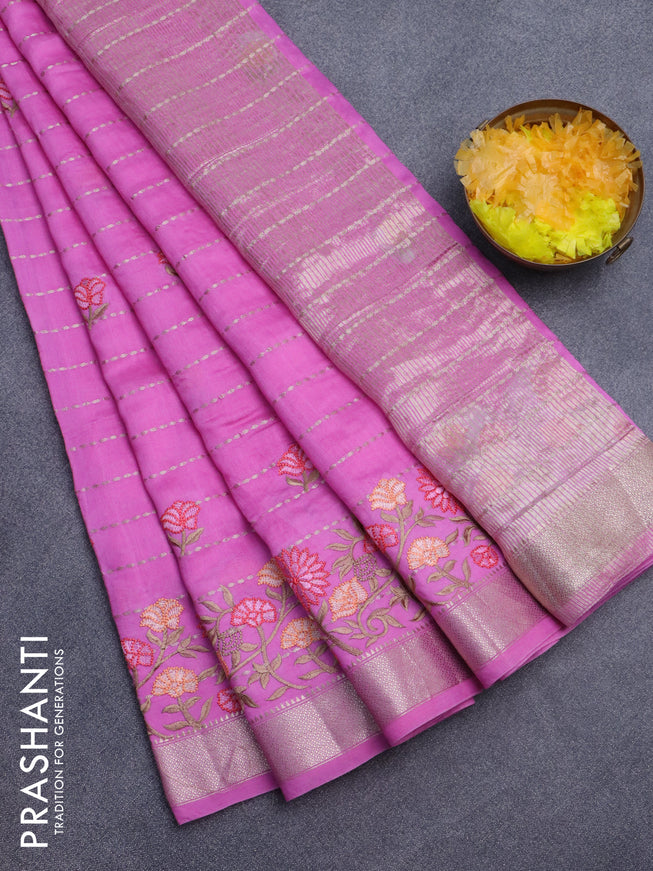 Assam silk saree pink with allover zari weaves & embroidery work buttas and floral design embroidery work zari border