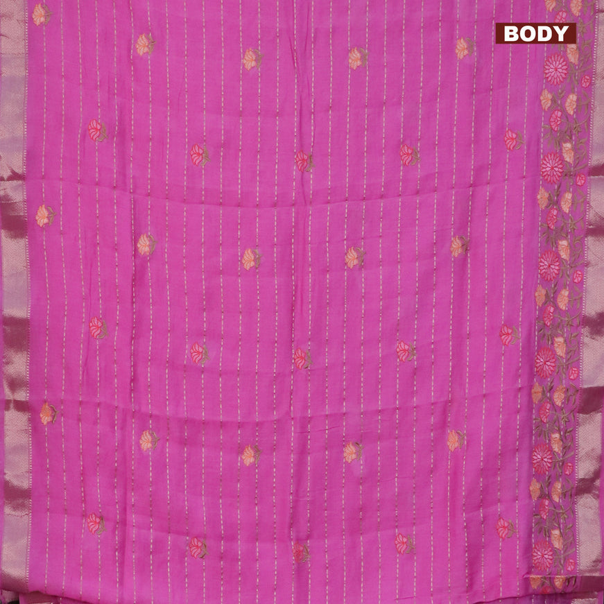 Assam silk saree pink with allover zari weaves & embroidery work buttas and floral design embroidery work zari border