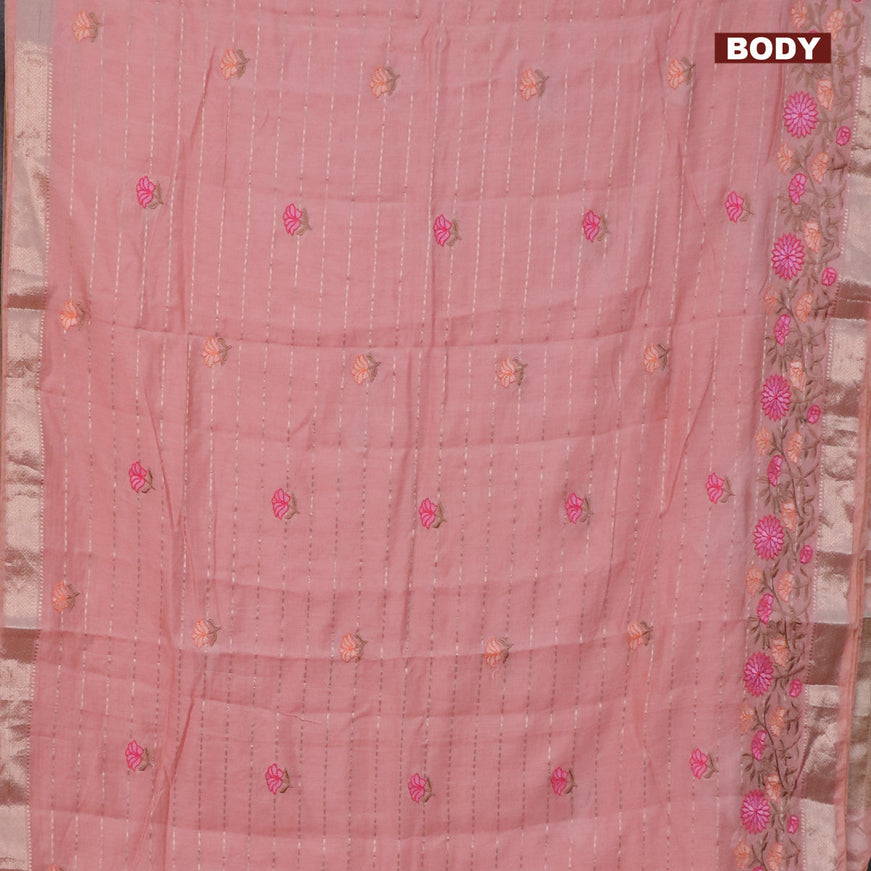 Assam silk saree mild peach with allover zari weaves & embroidery work buttas and floral design embroidery work zari border