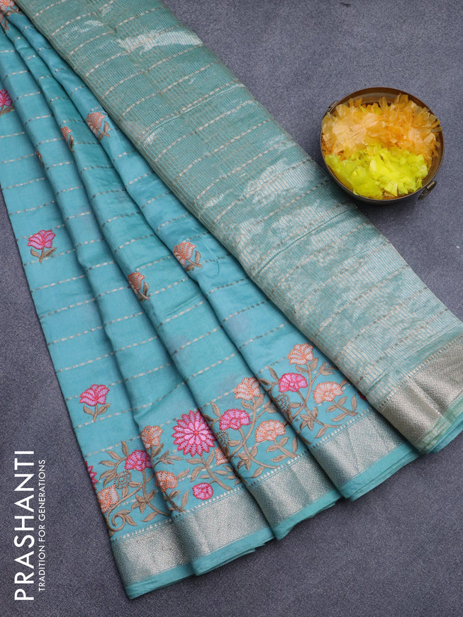 Assam silk saree pastel green shade with allover zari weaves & embroidery work buttas and floral design embroidery work zari border