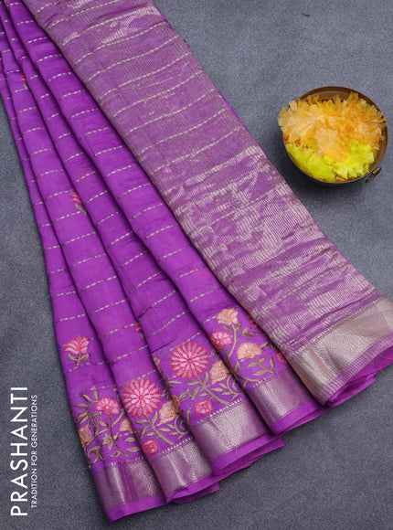 Assam silk saree purple with allover zari weaves & embroidery work buttas and floral design embroidery work zari border