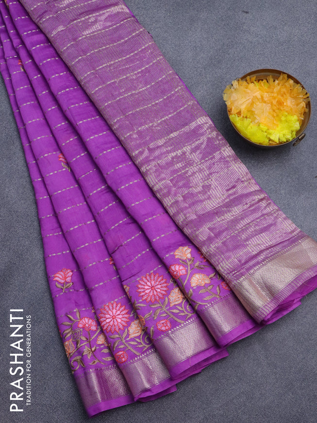 Assam silk saree purple with allover zari weaves & embroidery work buttas and floral design embroidery work zari border