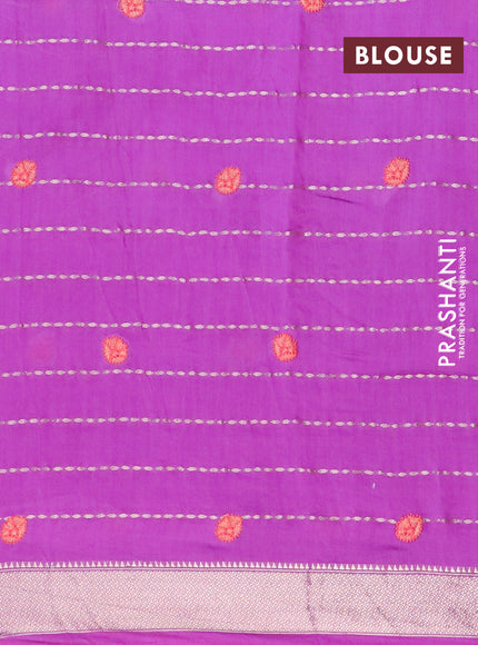 Assam silk saree purple with allover zari weaves & embroidery work buttas and floral design embroidery work zari border