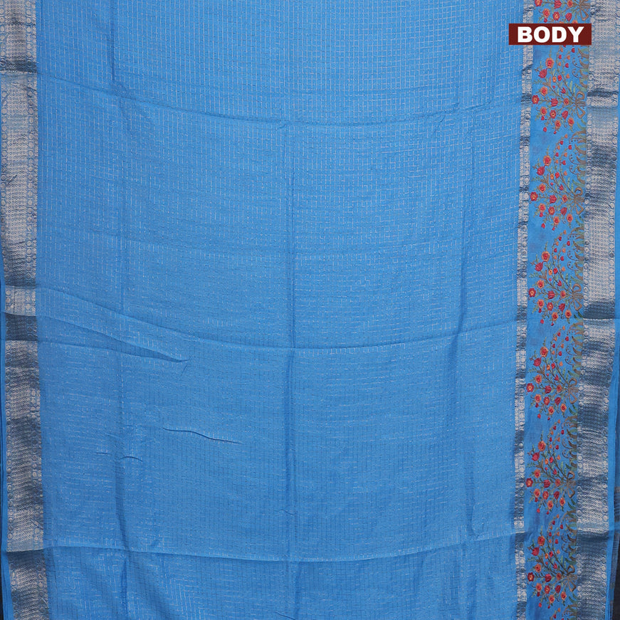 Assam silk saree light blue with allover zari checked pattern and floral design embroidery work zari border