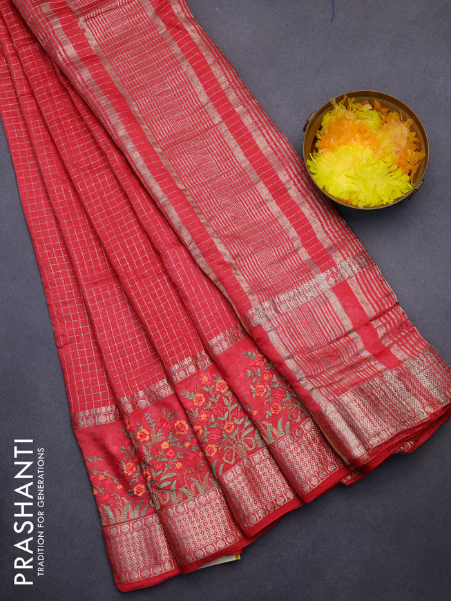 Assam silk saree red with allover zari checked pattern and floral design embroidery work zari border