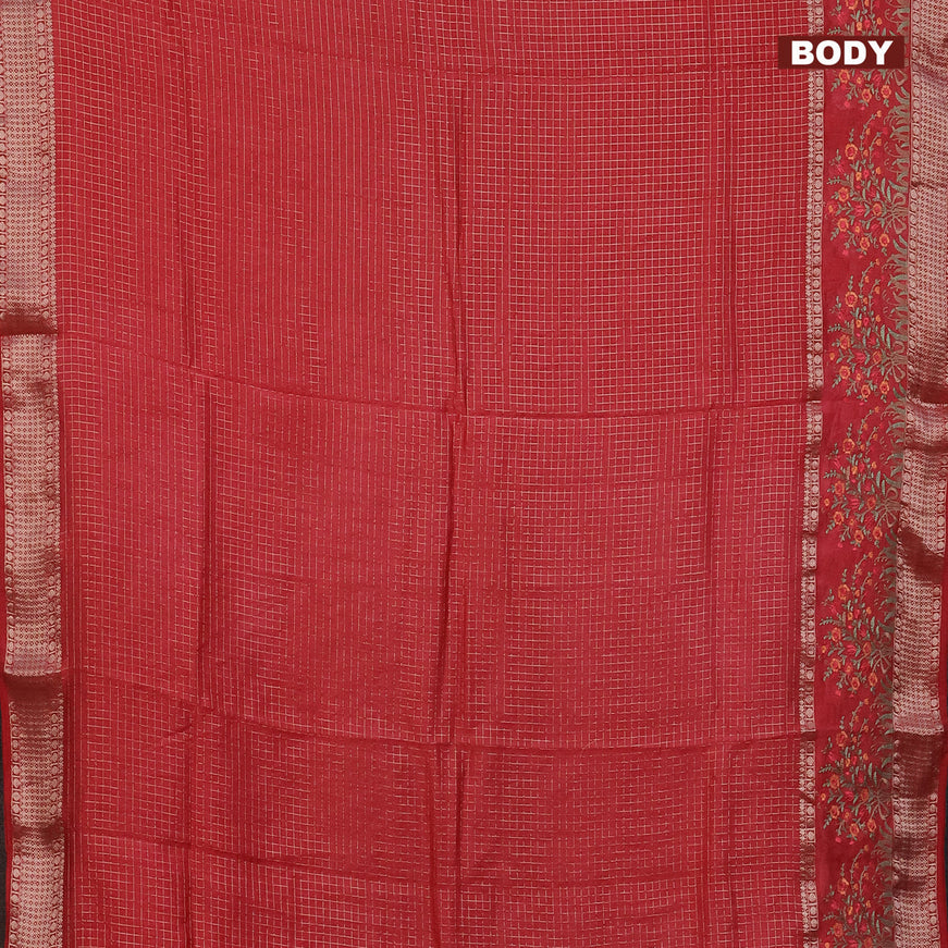 Assam silk saree red with allover zari checked pattern and floral design embroidery work zari border