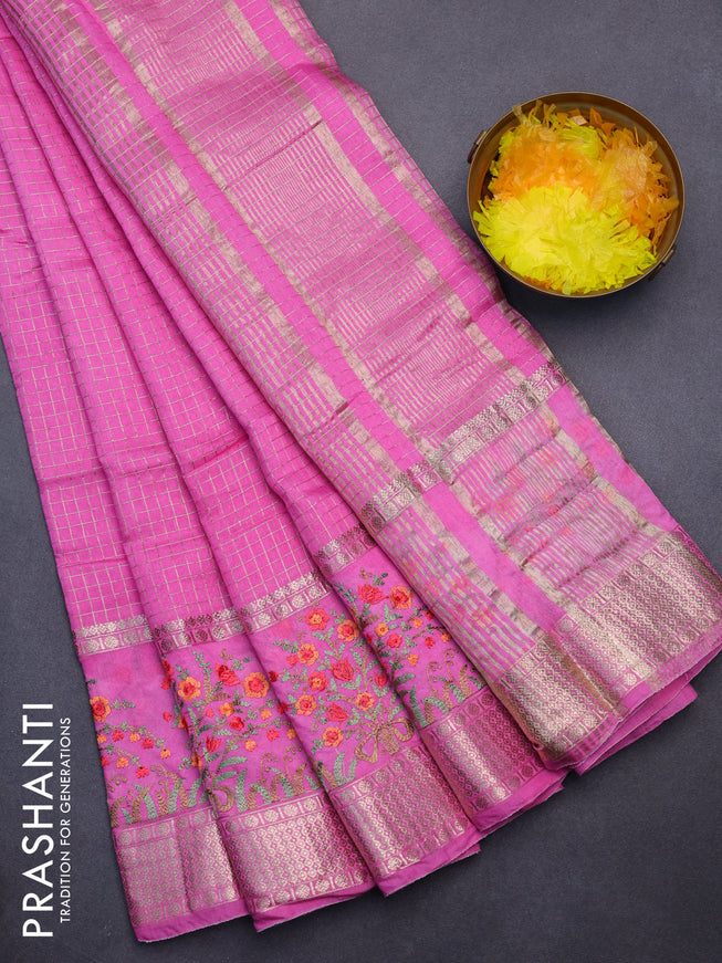 Assam silk saree pink with allover zari checked pattern and floral design embroidery work zari border