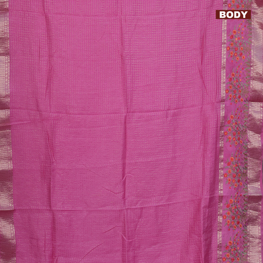 Assam silk saree pink with allover zari checked pattern and floral design embroidery work zari border