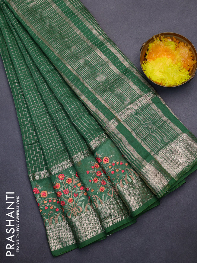 Assam silk saree green with allover zari checked pattern and floral design embroidery work zari border