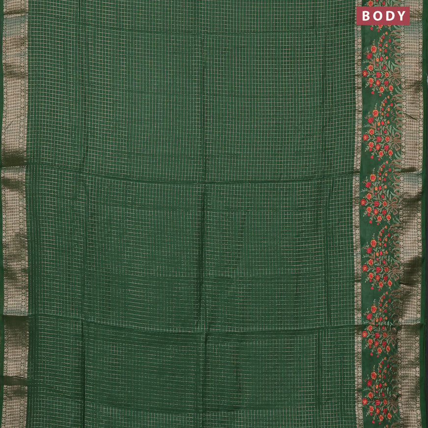 Assam silk saree green with allover zari checked pattern and floral design embroidery work zari border