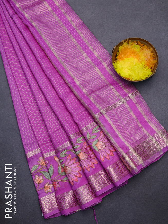 Assam silk saree pink with allover zari checked pattern and floral design embroidery work zari border