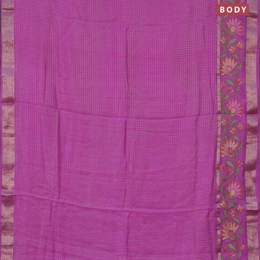 Assam silk saree pink with allover zari checked pattern and floral design embroidery work zari border