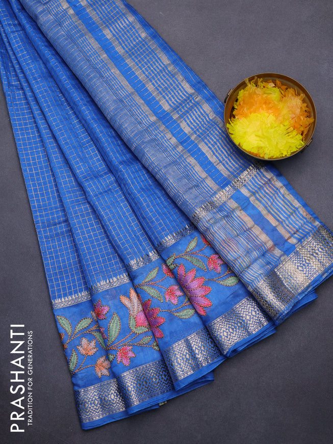 Assam silk saree blue with allover zari checked pattern and floral design embroidery work zari border