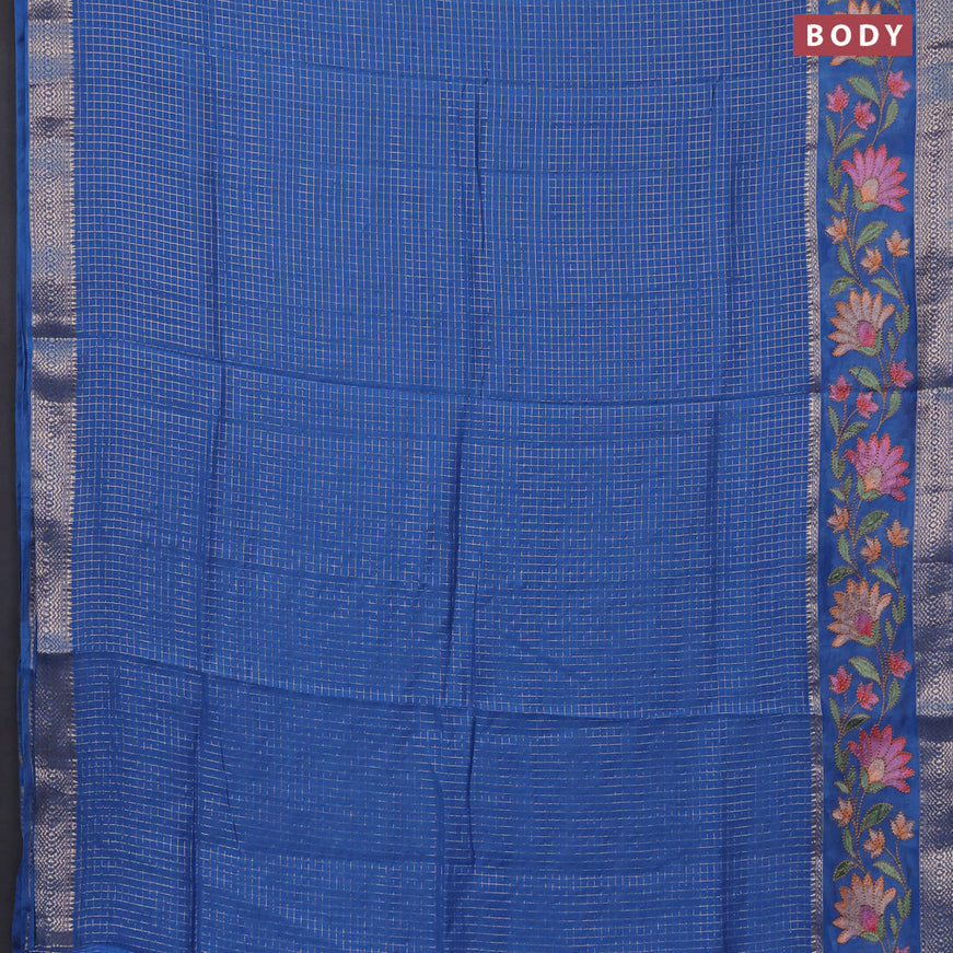 Assam silk saree blue with allover zari checked pattern and floral design embroidery work zari border