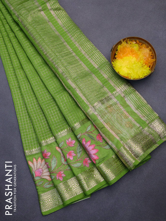 Assam silk saree green with allover zari checked pattern and floral design embroidery work zari border