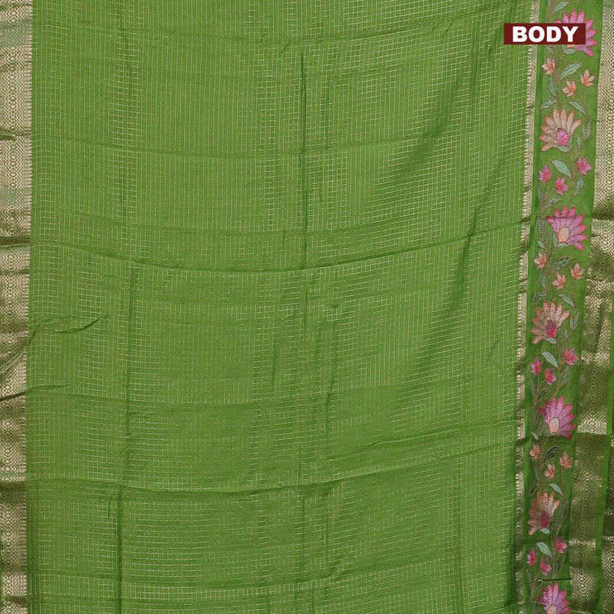 Assam silk saree green with allover zari checked pattern and floral design embroidery work zari border