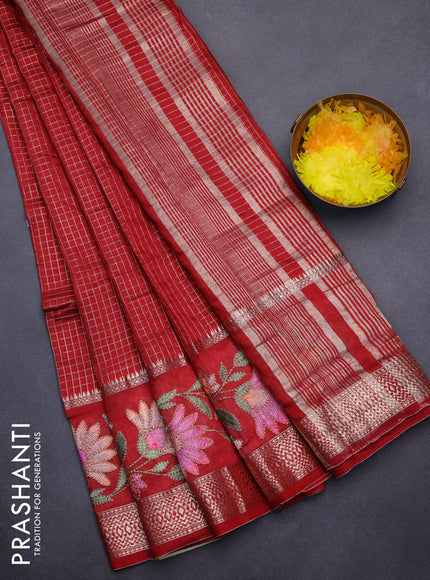 Assam silk saree maroon with allover zari checked pattern and floral design embroidery work zari border