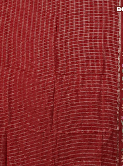 Assam silk saree maroon with allover zari checked pattern and floral design embroidery work zari border