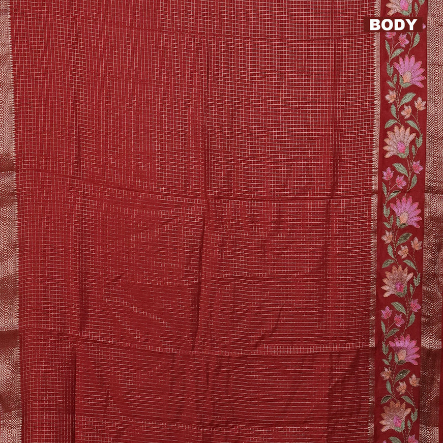 Assam silk saree maroon with allover zari checked pattern and floral design embroidery work zari border