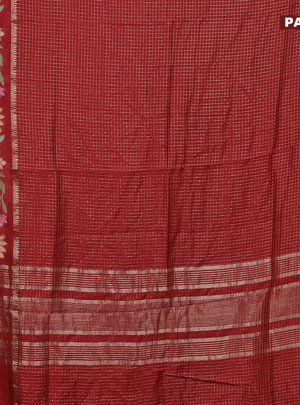 Assam silk saree maroon with allover zari checked pattern and floral design embroidery work zari border