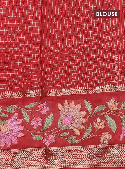 Assam silk saree maroon with allover zari checked pattern and floral design embroidery work zari border