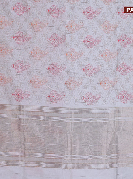 Assam silk saree off white with allover embroidery work and zari woven border